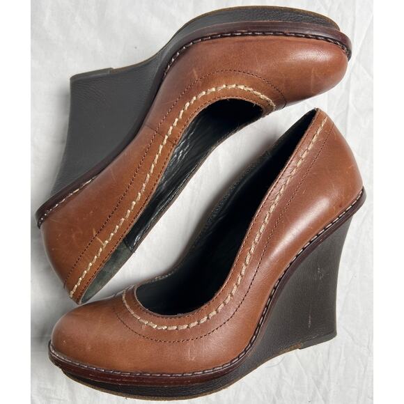 True Religion Women's Size 8.5 Handmade RUST Leather Wedge Heels50 - Picture 4 of 8